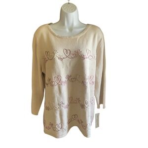 Alfred Dunner Women's 1X Knit Sweater Beige Heart Floral Embellished 3/4 Sleeve